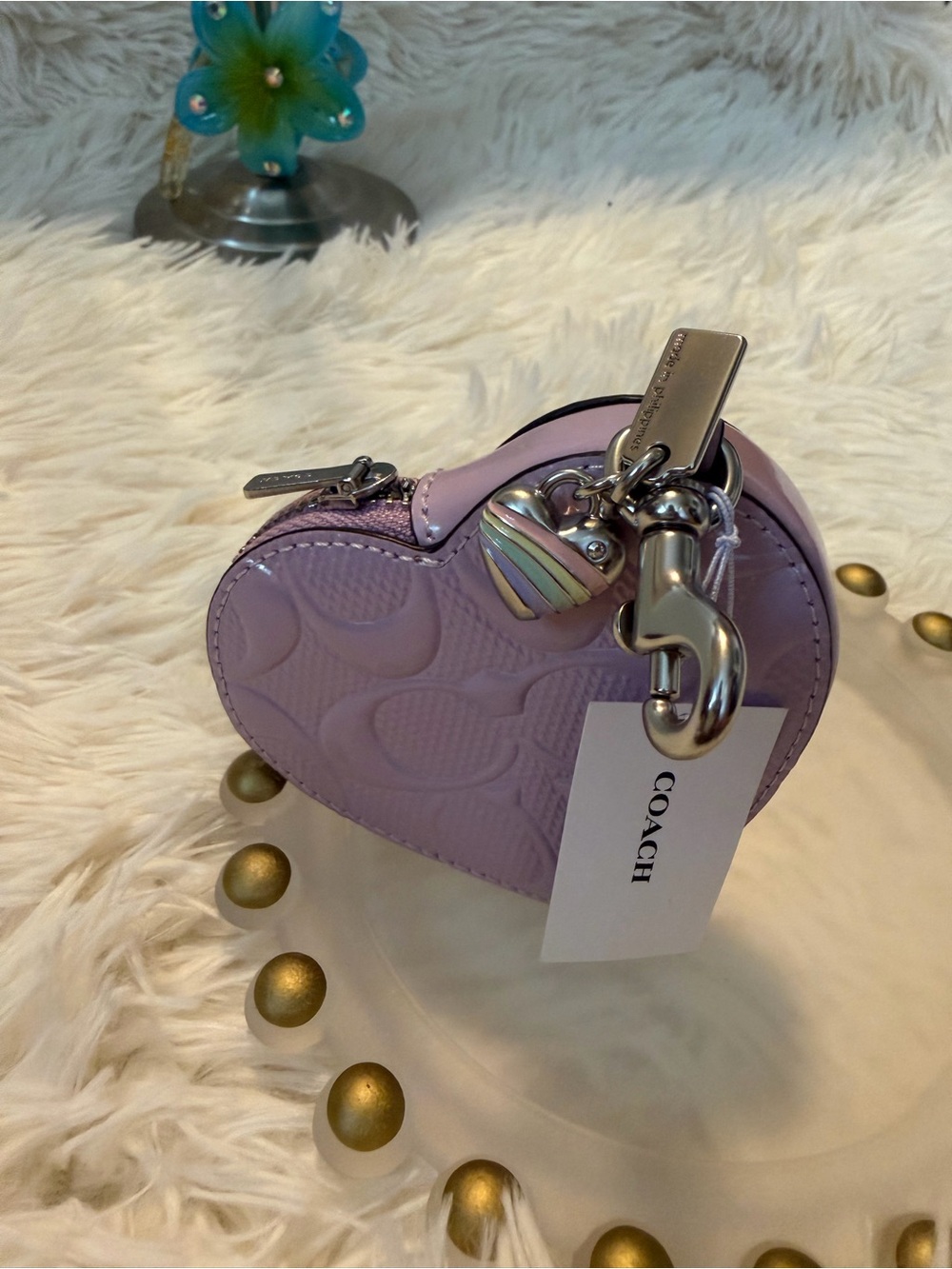 Coach Lilac Heart Key & Card Holder with Iridescent Heart Charm